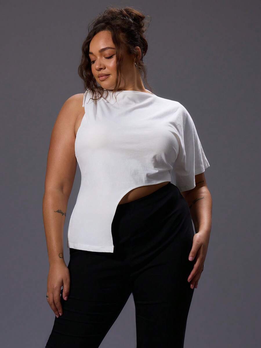 MUSERA 大码不对称袖侧系带T恤，适合外出、派对、夜店、锐舞派对、演唱会、节日、性感装扮、约会之夜、日常穿着、返校季、工作等各种场合，秋冬季皆宜。