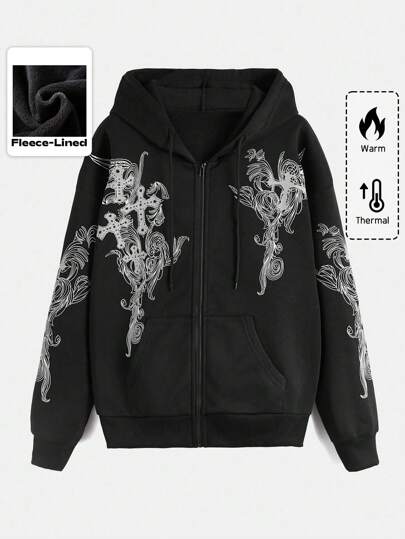 Grunge Punk Sweatshirt à capuche avec fermeture éclair et imprimé croisé pour femmes, pour l'école, manches longues