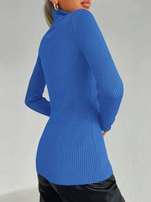 Cloudara Turtleneck Ribbed Knit Sweater - Navy Blue - View 2