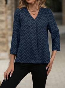 SHEIN Clasi V 领卷袖印花休闲衬衫，秋季 - 藏蓝色 - 查看 6