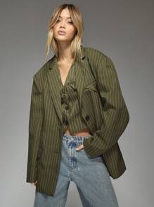 MISSGUIDED Pinstripe Designer Blazer Triangle Pocket Business Professional Office Work Interview Career Fall Winter 2024 Structured Suit Jacket Sharp Clean Lines Double Breasted