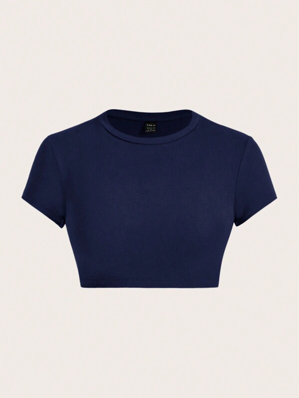 SHEIN ICON Tricou de damă decupat cu mânecă scurtă, cu gât rotund, albastru marin, potrivit pentru vară