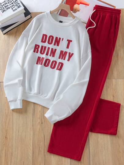 Manfinity VCAY Unisex Loose Drop Shoulder Crew Neck Sweatshirt And Straight Leg Drawstring Waist Pants Set, For Fall Winter, Christmas