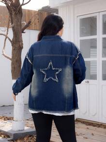 SHEIN EZwear Áo khoác denim vá hình ngôi sao, giặt thường ngày cỡ lớn, quần áo Giáng sinh cho phụ nữ, Lễ Tạ ơn, mùa thu - Rửa tối - Xem 2