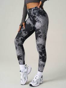 Core Rhythm Leggings sin costuras con efecto de mezclilla y teñido anudado - Negro - Ver 3