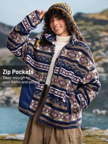 In My Nature Áo khoác lông cừu Sherpa sọc nhiều màu cổ đứng - Cà phê nâu - Xem 3