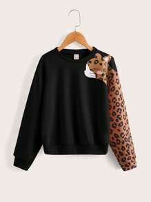 SHEIN Tween Girls Leopard Print Pattern Casual Long Sleeve Sweatshirt - Black - View 1