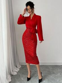 Selianne V 领锡箔拼布束腰女式优雅紧身连衣裙新年服装长款女装 - 紅色 - 查看 4