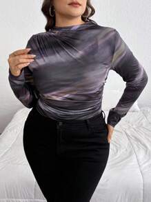 SHEIN Privé 大码女式大理石印花不对称褶皱长袖 T 恤，适合通勤和约会，秋冬季 - 彩色 - 查看 7