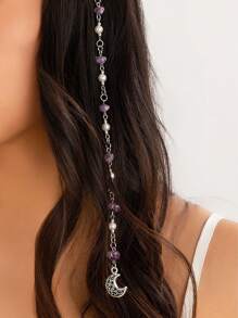 ROMWE Fairycore 1 pieza Accesorio para el cabello con clip de cadenas de cuentas con cristales en forma de estrella y luna, joyería de moda minimalista para la cabeza