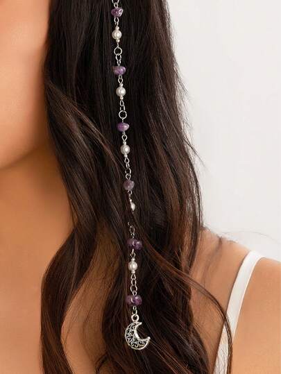 Fairycore 1pc Fashionable Minimalist Star, Moon Crystal Beaded Chains Hair Clip Accessory Head Jewelry Head Pieces Jewelry