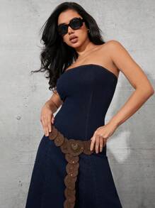 Denimoi 1pc Sleeveless Raw Hem Fitted Denim Dress