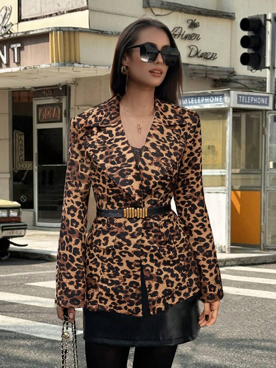 SHEIN Clasi Women's Random Leopard Print Long Sleeve Lapel Neck Fashion Regular Jacket, Autumn Fall Cloth For Women - Multicolor - View 1