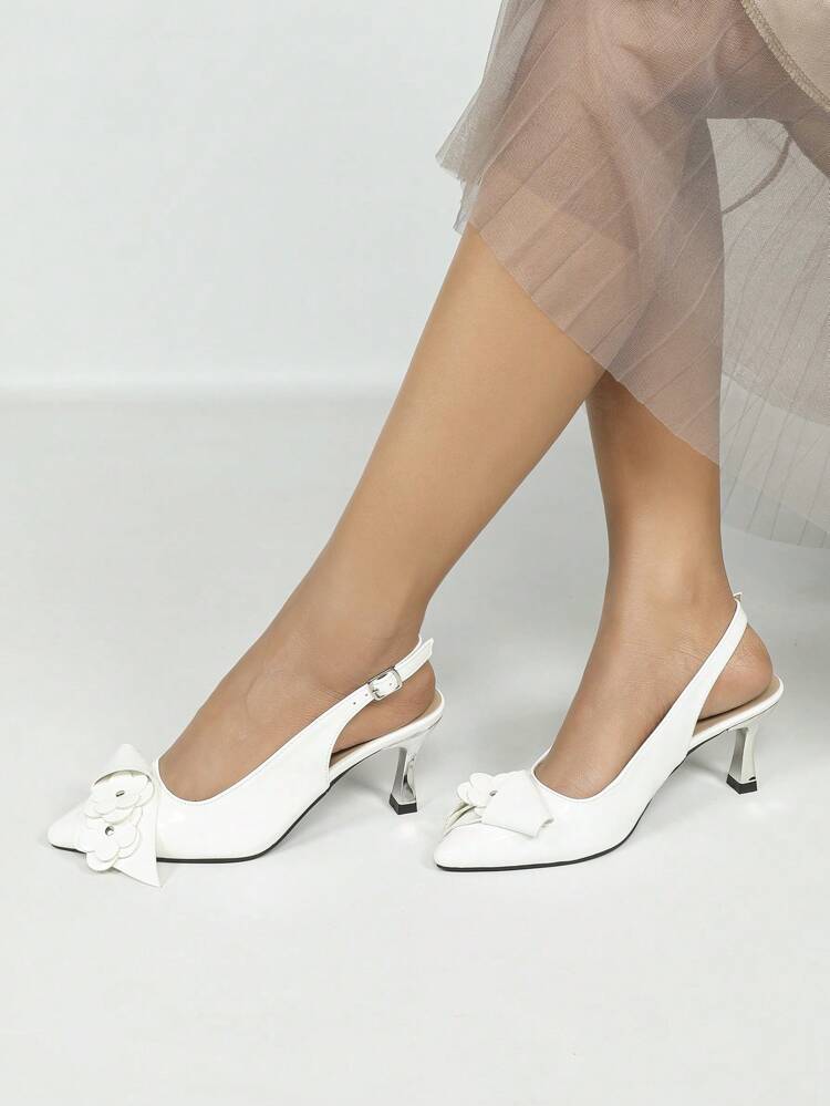 CUCCOO CHICEST Women's Shoes With 3D Floral Edge Design, Pointed Toe, Metallic Silver Heel, Mid Heel, Unique Personalized, Romantic, Cute, Synthetic Leather, Open Back, High Heel Pumps For Date, Afternoon Tea, Party, Workplace For Christmas And New Year Holiday Vibe Fall And Winter