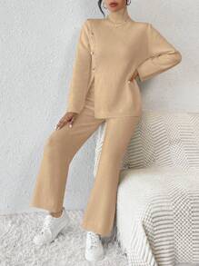 Chiquease 2pcs Solid Color Turtleneck Slit Cuff Long Sleeve Top And Pants Elegant Knitted Suit Set