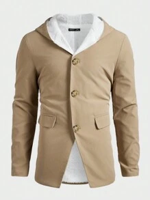 Manfinity VCAY Men's Fitted Shoulder Business Casual Hooded Trench Coat With Thermal Lined, Suitable For Autumn & Winter - Khaki - View 3