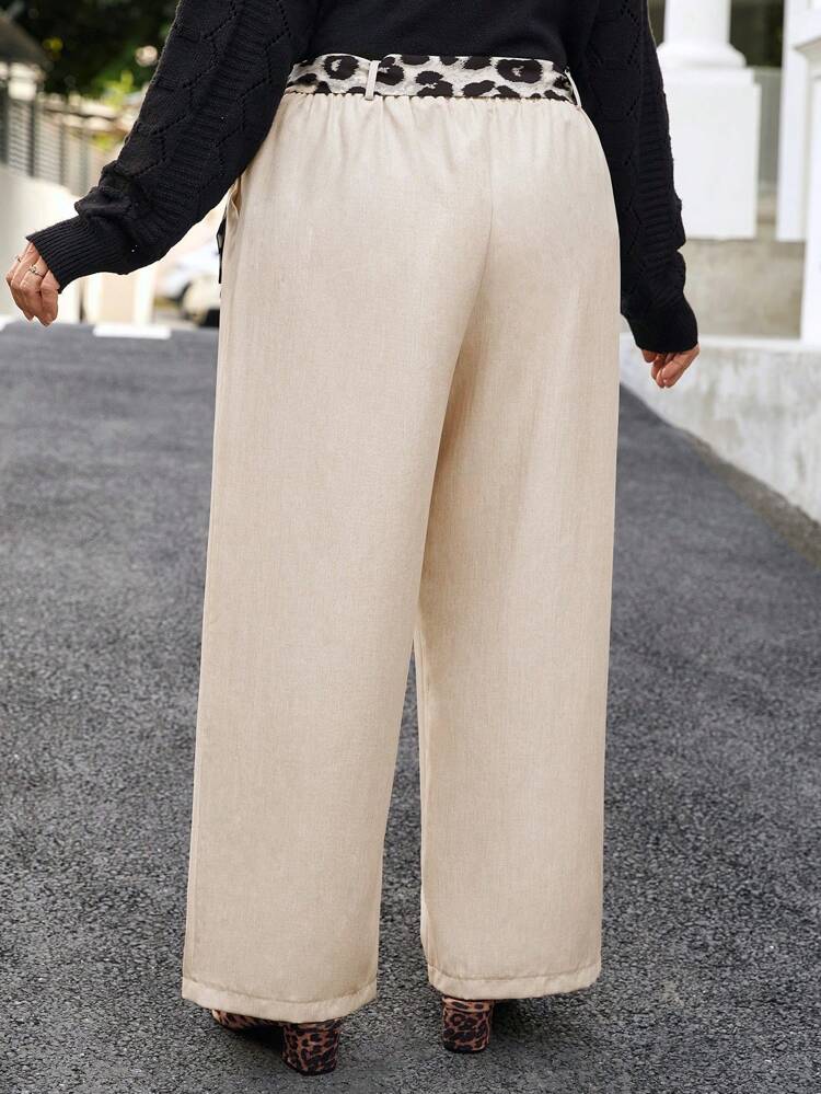 Plus Size Khaki Leopard Patchwork Front Tie Waist Elegant Casual Mom Pants, Everyday Comfort Winter Women Clothes