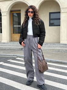 SHEIN Leap Crew 少女黑色短款拉链休闲运动风厚款长袖外套短款夹克时尚拉链领机车短款保暖跨年