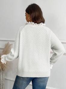 Celure Plus Size Women Contrast Color Lace Ruffled Shoulder Long Sleeve Casual Sweater, Autumn/Winter