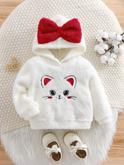 Baby Girl Autumn/Winter Cute Multi-Purpose Fuzzy Cartoon Embroidered Red Bow White Hoodie Sweatshirt