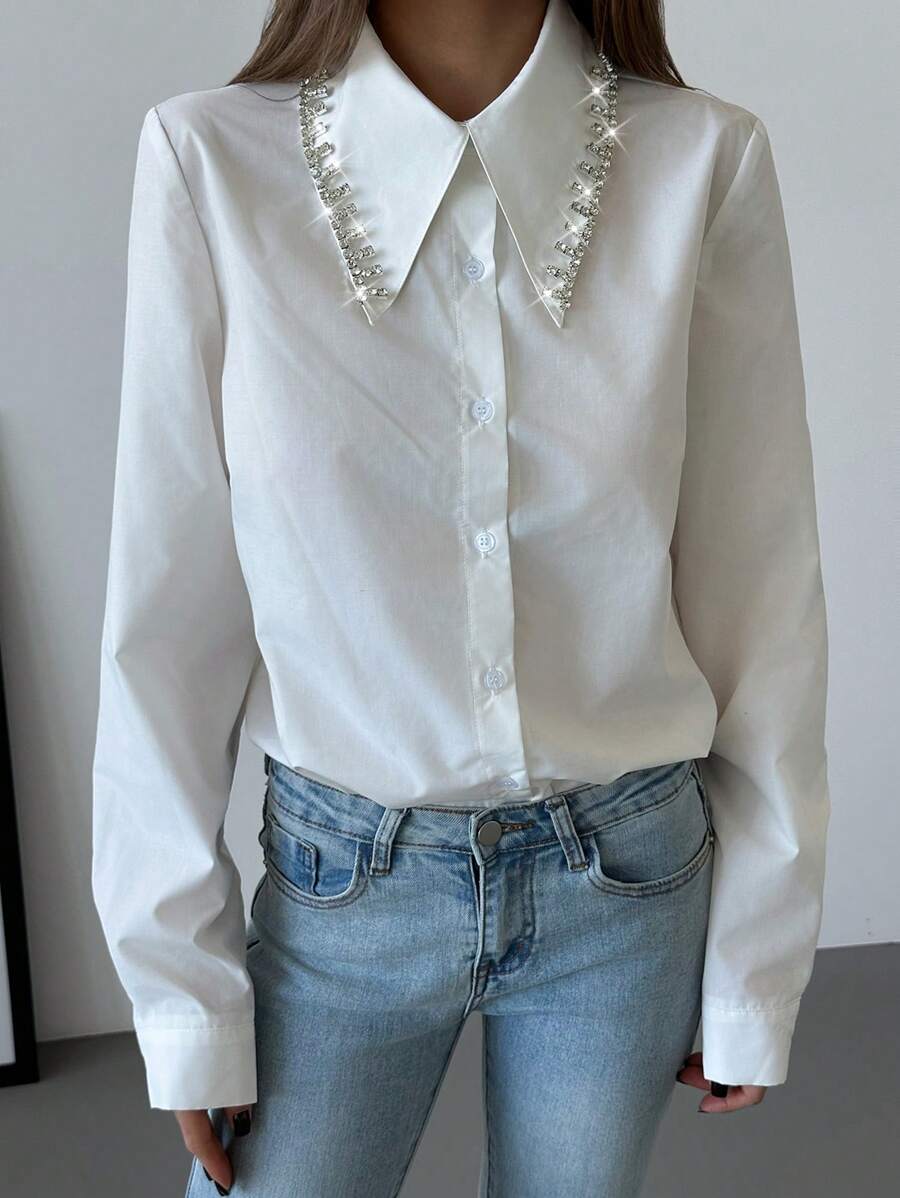 Aloruh 女士白色水钻链条衬衫，适合派对、圣诞节和万圣节 - 白色 - 查看 1