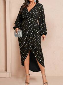 Celure Plus Size Women Sparkly Jagged Print Asymmetric Neck Lantern Sleeve Wrap Hem Dress