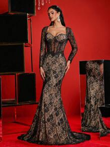 Glamrae Vestido largo formal elegante de unicolor con mangas largas, cuello en V y bordado con lentejuelas en negro y dorado champán. Incluye un adorno en la cintura, una silueta de cola de pez y un bajo semitransparente. Ideal para eventos formales como baile de graduación, cena, fiesta o boda.