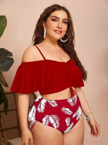 Swim Lushoire Plus Size Spaghetti Strap Bikini Two-Piece Bikini Summer - Red and White - View 3