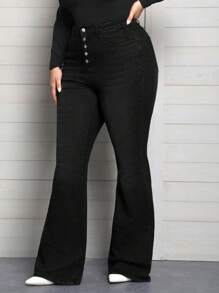 SHEIN Pantalones acampanados de mezclilla de talla grande para mujeres, elásticos, con efecto aterciopelado, color negro, diseño de múltiples botones, sexy, adecuados para otoño/invierno