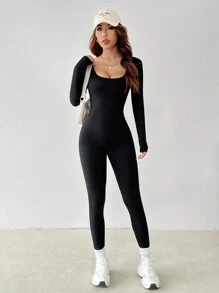 SHEIN PETITE 纯色圆领紧身衣 春季女式连体裤 - 黑色 - 查看 6