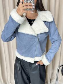 SHEIN EZwear Teddy Lined Open Front Suedette Moto Black Jacket - Blue - View 3