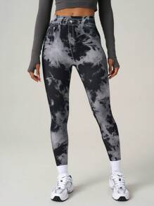 Core Rhythm Leggings sin costuras con efecto de mezclilla y teñido anudado - Negro - Ver 2