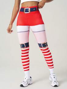 SHEIN Sports Quần legging chủ đề Giáng sinh thường ngày dành cho nữ, phù hợp để tập thể dục và giải trí hàng ngày - Đỏ - Xem 1