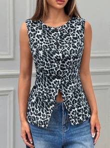 SHEIN EZwear Leopard Print Woven Ladies' Round Neck Single Button Vest Jacket - Grey - View 4