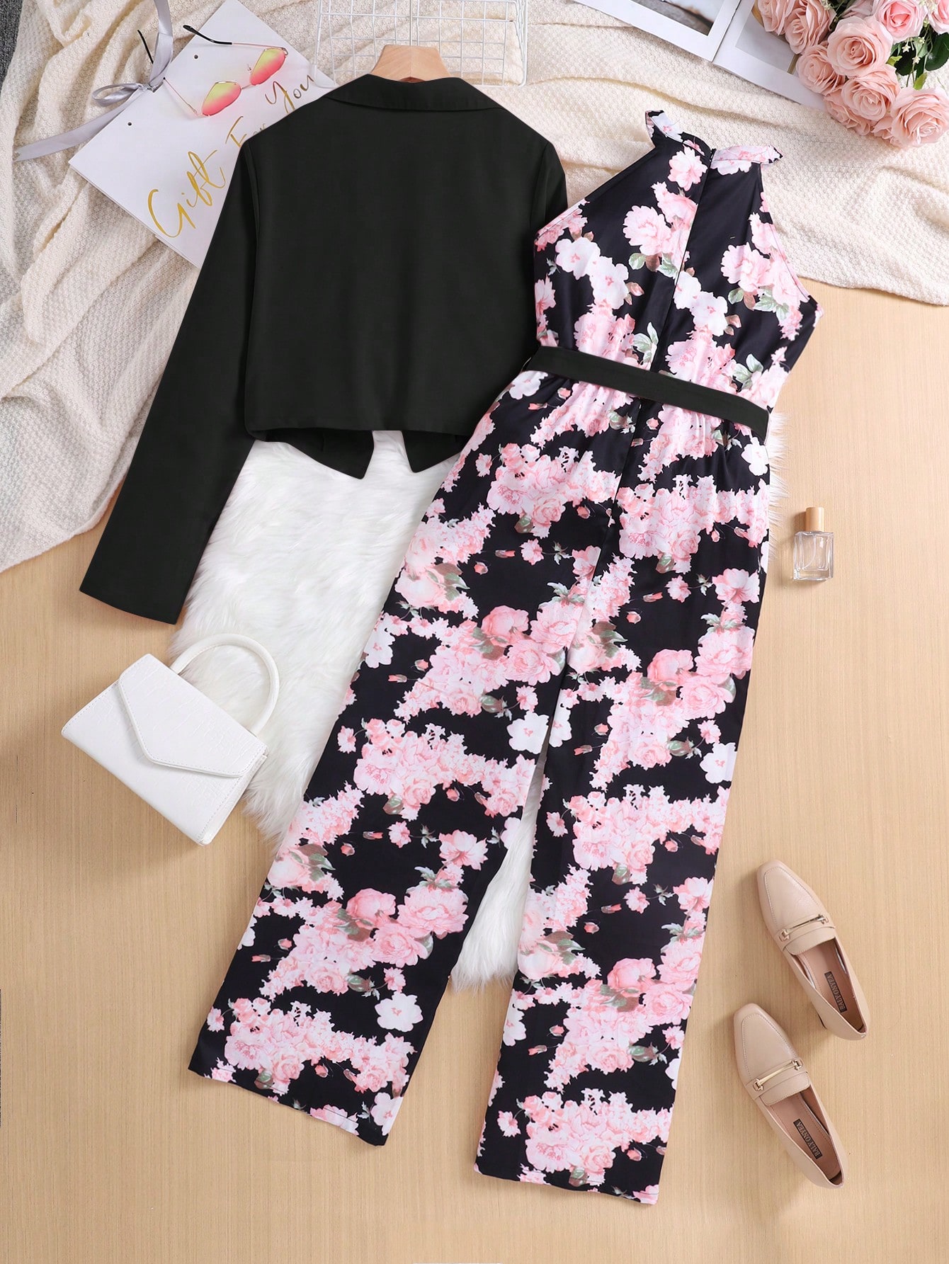 بدلة بنطال وبلوزر مطبوع بزهور للمراهقات من قطعتين،...