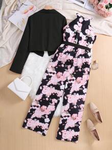 Teen Girls 2pcs Set Asymmetrical Hem Blazer & Loose Pants Suit With Floral Print, Elegant For & Commute, Autumn/Winter - Black - View 2