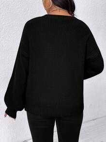 Calvaya Plus Size Colorblock Letter Pattern Drop Shoulder Loose Knitted Sweater For Autumn/Winter Fall - Black - View 2
