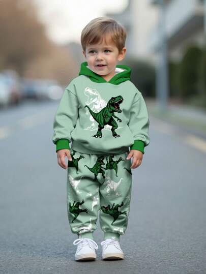 SHEIN 男婴休闲酷炫恐龙印花宽松针织柔软连帽运动衫和裤子套装，适合秋冬季