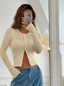 SHEIN EZwear Women's Solid Color Round Neck Button-Up Long Sleeve Casual Knit Cardigan, Autumn/Winter - Apricot - View 4