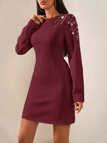 EURMUSE Premium Sprinkled With Sparkling Crystals Embellished Shoulder A-Line Crew Neck Long Sleeve Business To Party Fancy Mini Dress - Burgundy - View 6