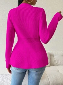 SHEIN LUNE 女式纯色长袖单排扣休闲荷叶边下摆开衫，秋冬 - 玫紅色 - 查看 2