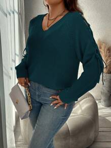 SHEIN Clasi Sweater Kasual Minimalis Ukuran Besar Warna Polos dengan Model Bahu Terbuka dan Tali Silang untuk Musim Gugur/Dingin - Dark Green - View 5