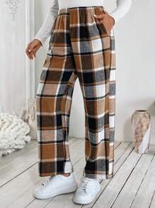 SHEIN VCAY Plus Size Plaid Elastic Waist Casual Pants, Autumn/Winter - Multicolor - View 6