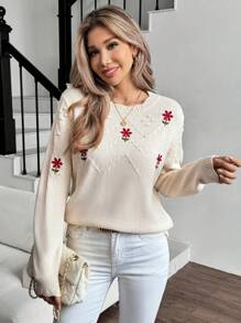 EMERY ROSE Suéter holgado de punto con bordado floral elegante para mujer, adecuado para el Día de San Valentín - Albaricoque - Ver 6