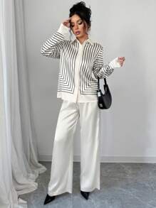 SHEIN Unity 2pcs Set: Casual Color Block Striped Long Sleeve Shirt And Solid Color Pants, Autumn - Black - View 1