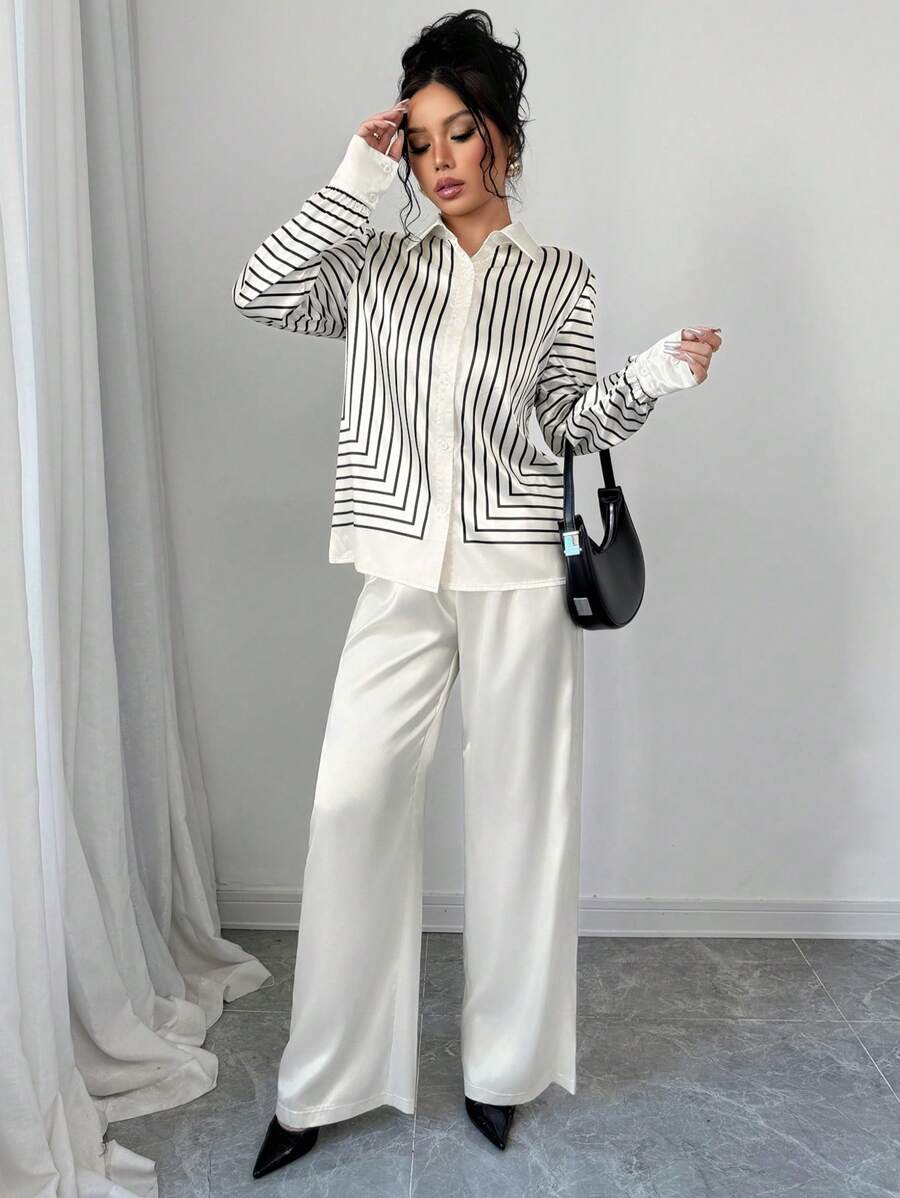 SHEIN Unity 2pcs Set: Casual Color Block Striped Long Sleeve Shirt And Solid Color Pants, Autumn - Black - View 1
