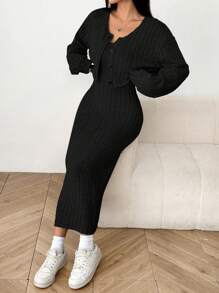 SHEIN EZwear Women's New Autumn Rib Knit Drop Shoulder Button Front Jacket And Tight Mid-Length Dress Set - Black - View 5