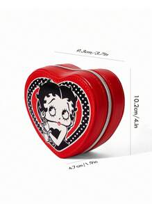 Betty Boop x SHEIN 1个卡通人物波点爱心印花拉链首饰收纳盒，礼品创意，派对，节日，情人节 - 酒紅色 - 查看 8
