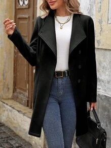 SHEIN Clasi 女式纯色翻领长外套，秋冬 - 黑色 - 查看 3