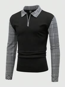 Manfinity Homme Camisa polo de manga larga casual con cremallera delantera, con diseño de cuadros y parches, camisa de golf con cuello de color block de moda para hombres